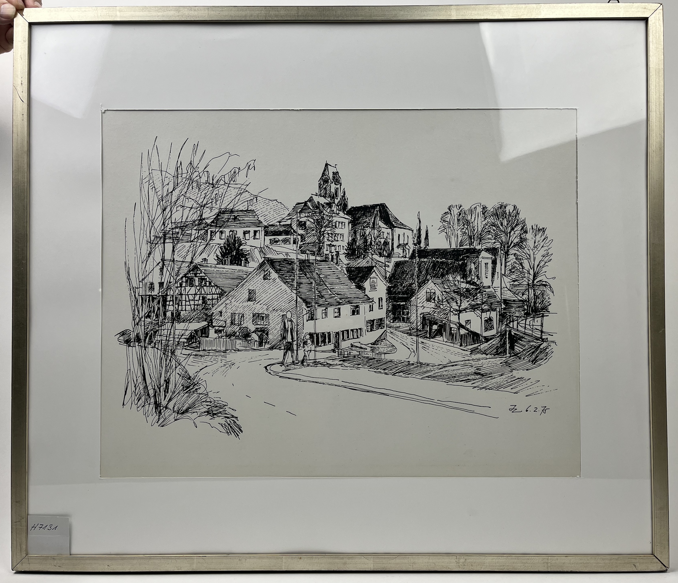 Foto oder Abbildung des Sammlungsobjekts „Tuschfederzeichnung Oberdorf von Jakob Zollinger 1975“