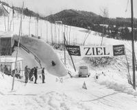 Schlittel-WM in Girenbad, Ziel beim Boden, 1961