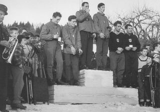 Schlittel-WM in Girenbad, Siegerehrung Doppelsitzer, 1961