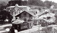Bahnhof Hinwil mit Blick Richtung Hotel Bachtel und Hüssenbüel, 1902
