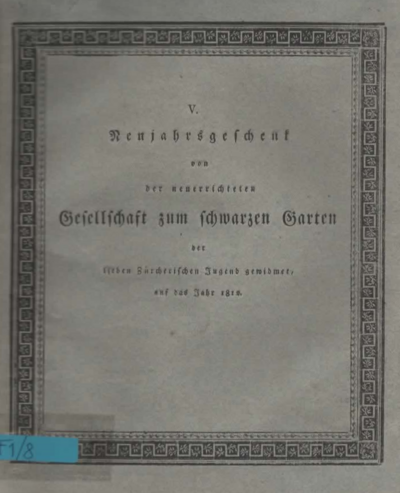 Foto des Mediums (Einband) von „V. Neujahrsgeschenk von der neuerrichteten Gesellschaft zum schwarzen Garten“