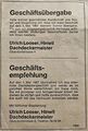 Ankündigung der Geschäftsübergabe 1967