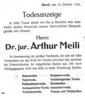 Todesanzeige von Hinwiler Vereinen für Arthur Meili, 1938