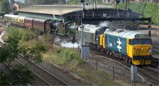 25 July: 50049, 40106, 4930, 13268, 4 carriages and 2 DMU units leaving Kidderminster
