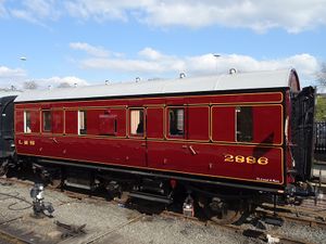 2019: LMS 2886 Six-wheel Passenger Brake (later 32919) on display at Kidderminster
