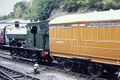 4236 in LNER brown livery is seen posed with GWR 813. Photo taken in 1975 by D Massey