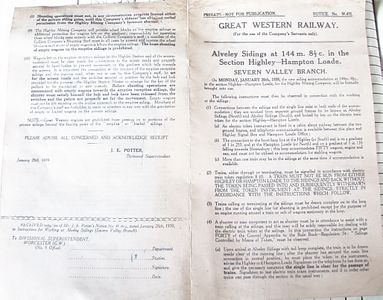 GWR Notice covering the opening and operation of Alveley Sidings. 1 of 2.
