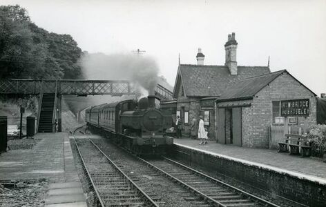 1961: Ironbridge, eastbound ex-GWR Pannier 9656 with a passenger service (Sellick Collection)