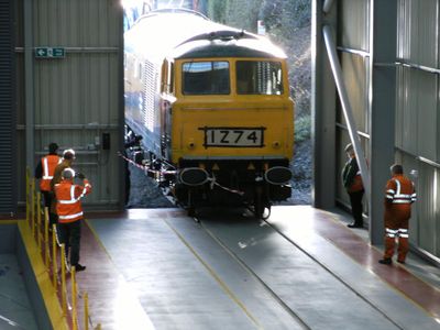 D7029 was the first locomotive to enter the depot on 30 Jan 2016, breaking through a ceremonial ribbon (Jeff Atkins)