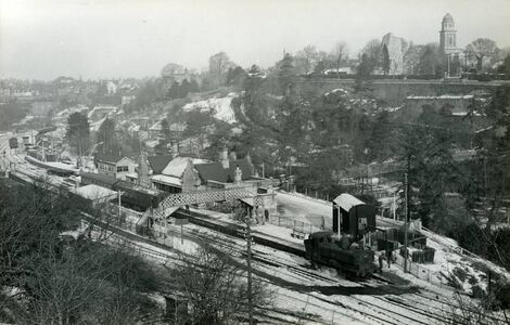View of Bridgnorth in 1963 showing the bus garage (Sellick Collection)