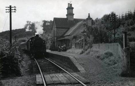 1963: Linley, northbound Ivatt 2MT 41202 with a passenger service (Sellick Collection)