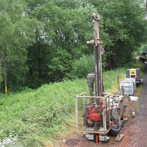 Borehole drilling, June 2024. The 'moving telegraph pole' is to the left.