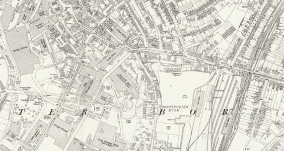 1924 OS Map showing the route of the tramway from the Kidderminster Terminus to Comberton Hill and New Road, including access to the Depot.