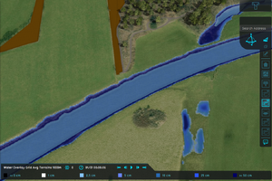 Water Overlay set to Grid Averaging Terrains and a configured average terrain width of 1000m.
