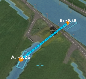 A pump consisting of two separate areas, one for the lower and one for the upper Water level areas. It uses a lower level threshold and requires multiple grid cells to subtract enough water. It is configured as a PUMP_AREA.