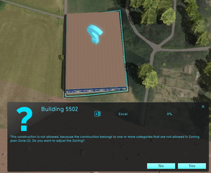 A zone reports a conflict with the planned building, because its Function Category is not allowed.