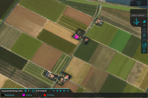 Water Overlay with a configured range m threshold of 0.5m and a impact range of 30m.