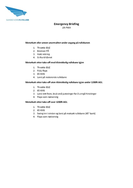 Fil:LN-PWA - Sandefjord Flyklubb - Emergency Briefing Norsk.pdf