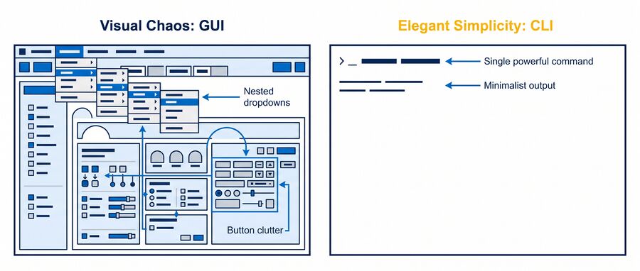 Interface complexity versus command-line directness.