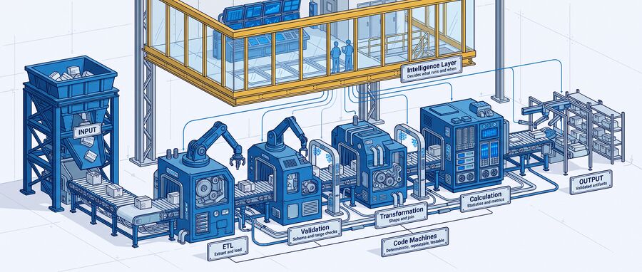Detailed option: what each code machine does, the checks between them, and the intelligence layer directing the line.